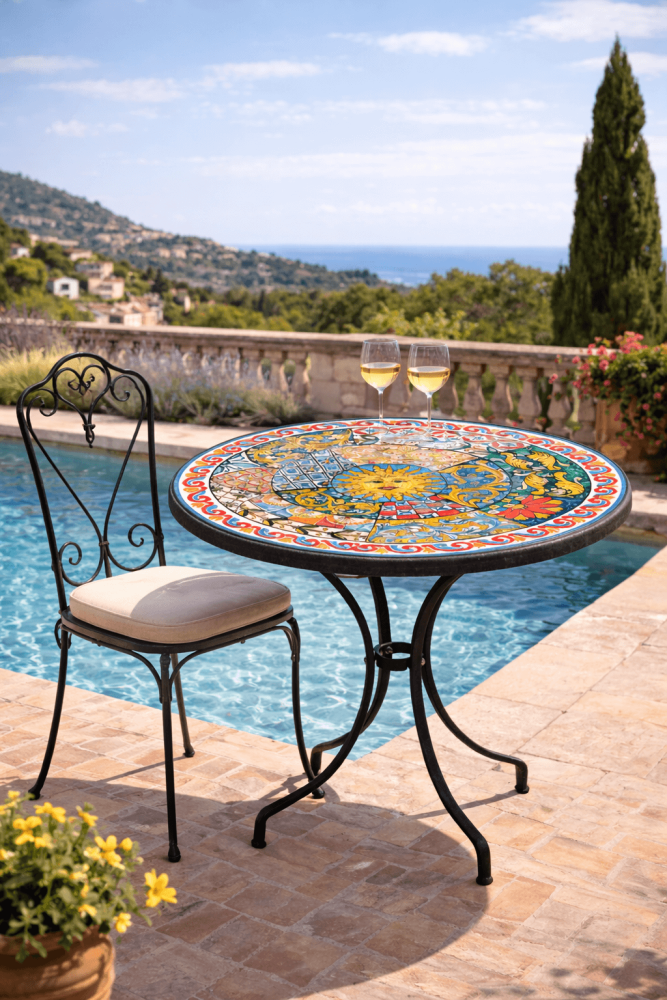 Table de jardin sicilienne en pierre de lave avec motif soleil méditerranéen